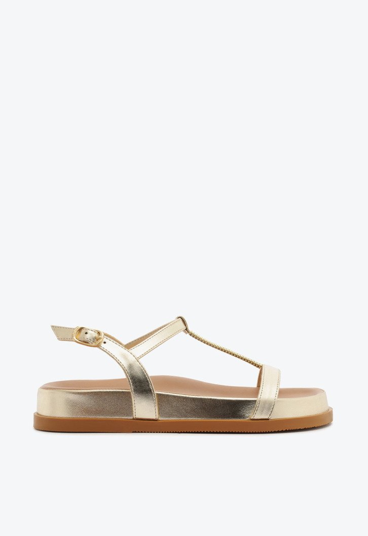 Sandália Papete Tiras Detalhes Metal Dourada
