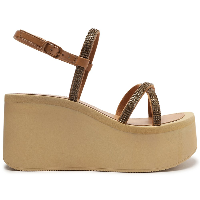 Sandália Flatform Marrom Liz Tiras Brilho Glam