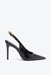 Sapato Scarpin Preto Schutz Chain Ornamental Couro Croco