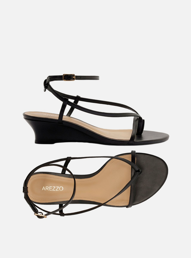 Anais w ブラック完売 Sandália Preta Salto Baixo Anabela Tiras Finas | ZZ MALL