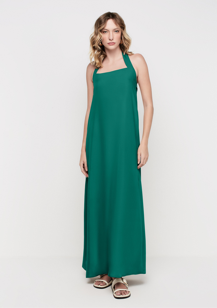Vestido Longo Verde Dzarm Evasê Em Viscose Acetinada