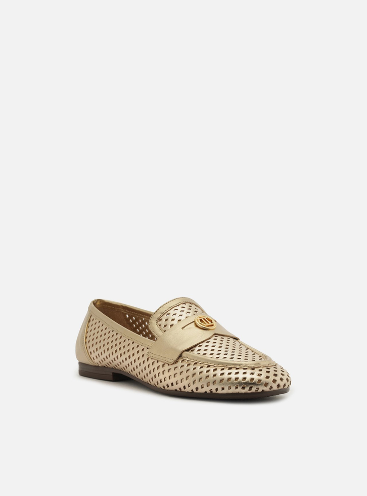 Mocassim Dourado Couro Bico Redondo Vazado Metal