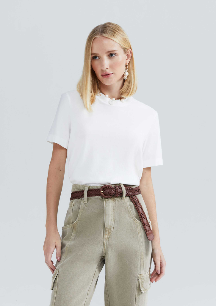 Blusa Off White Hering Feminina Manga Curta Estonada