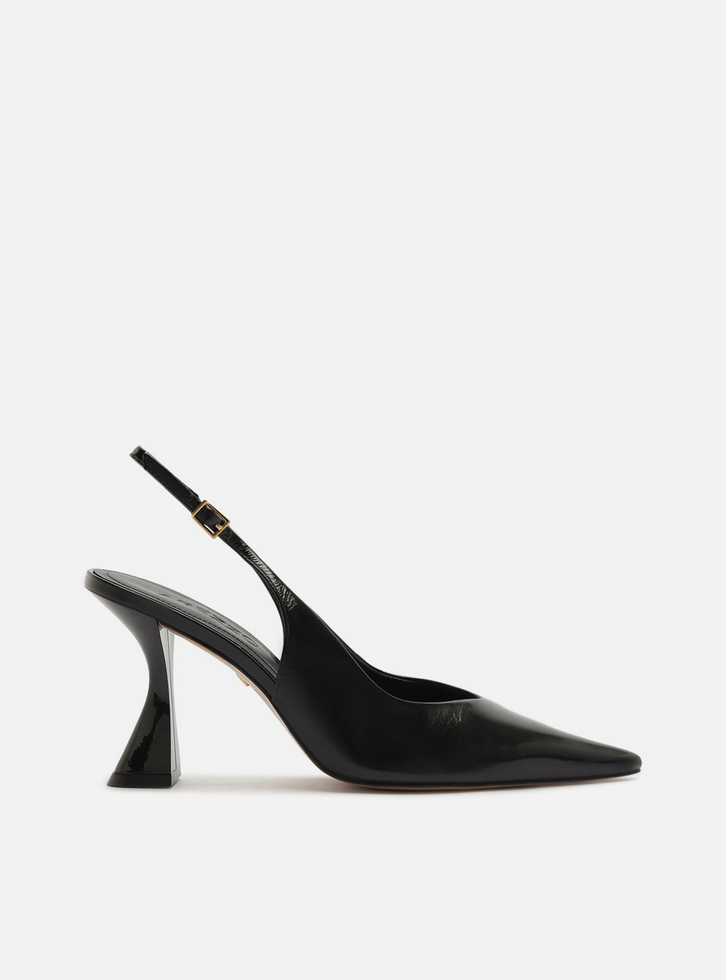 Scarpin Preto Couro Salto Alto Bico Fino