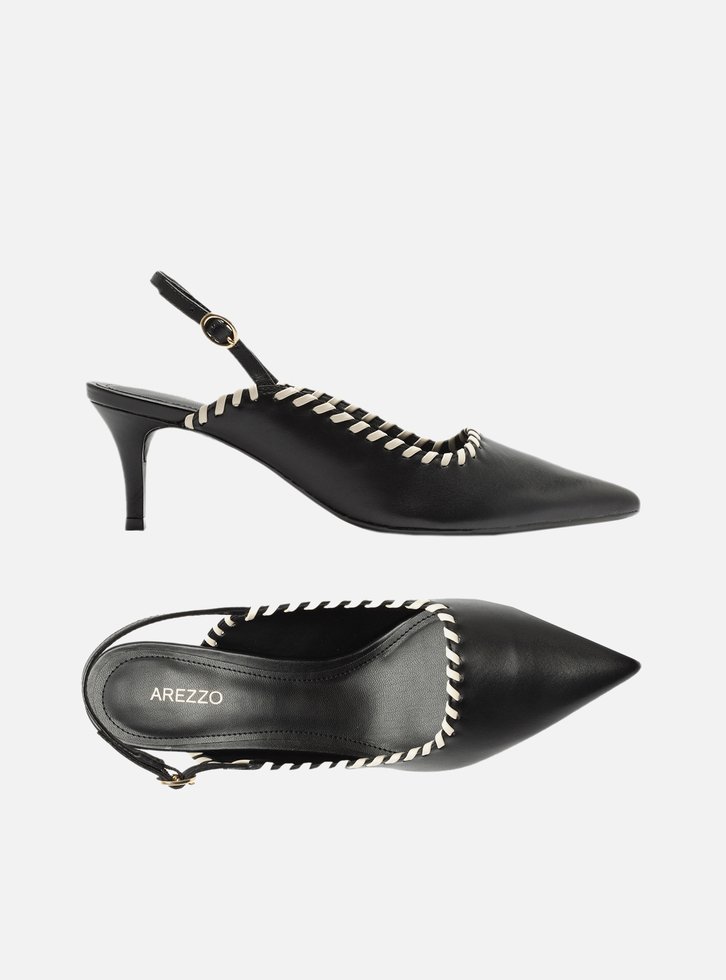 SCARPIN PRETO AREZZO COURO SLINGBACK COSTURA