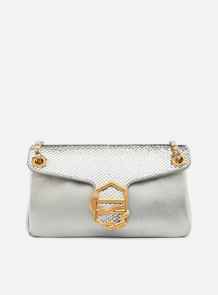 Bolsa Tiracolo Prata Arezzo Couro Snake Média