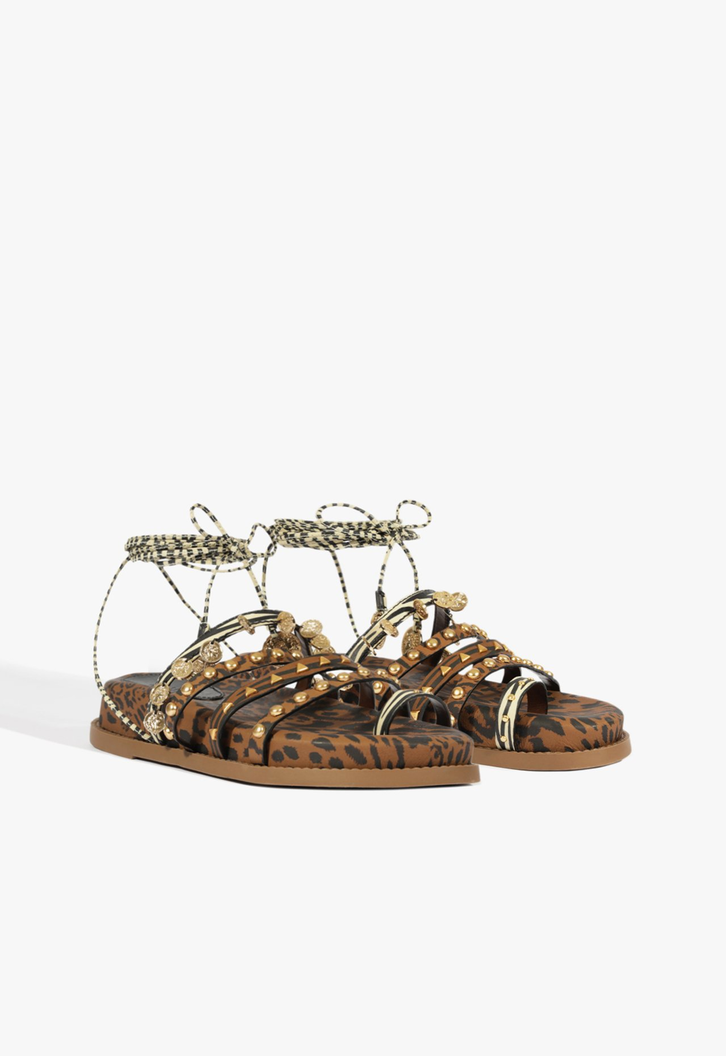 Sandália Papete Couro Tachas Amarração Animal Print