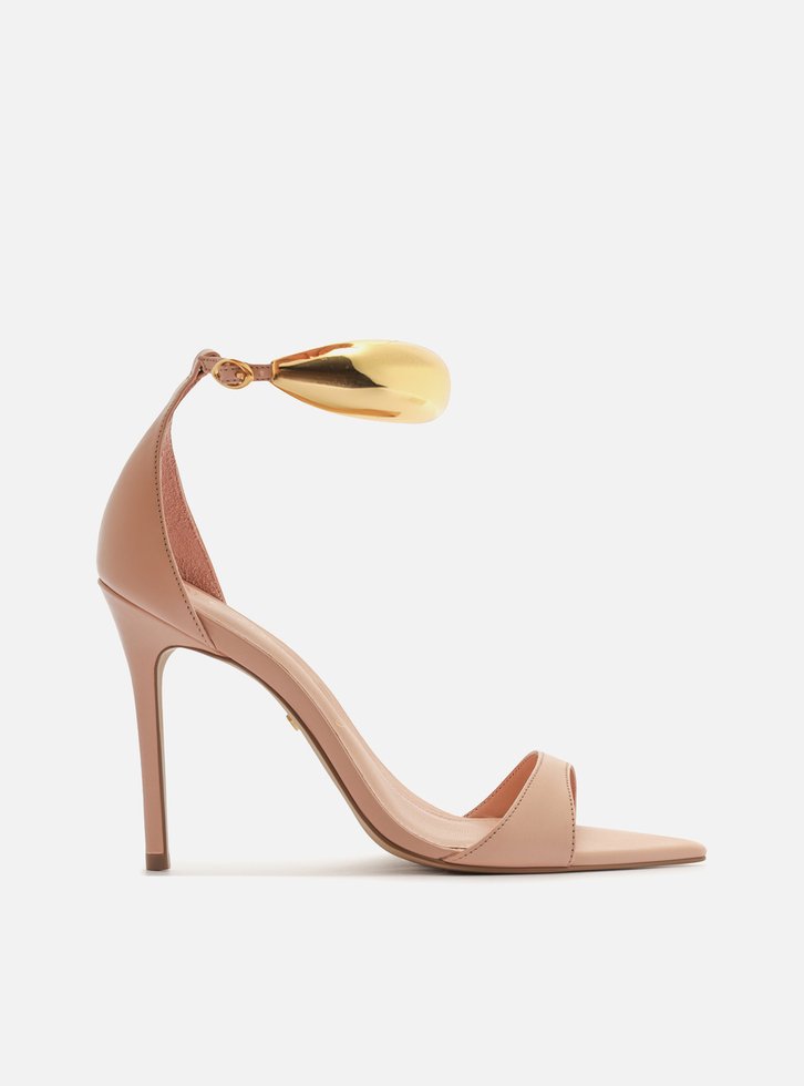 Sandália Nude Couro Salto Fino Metal Silvia Braz