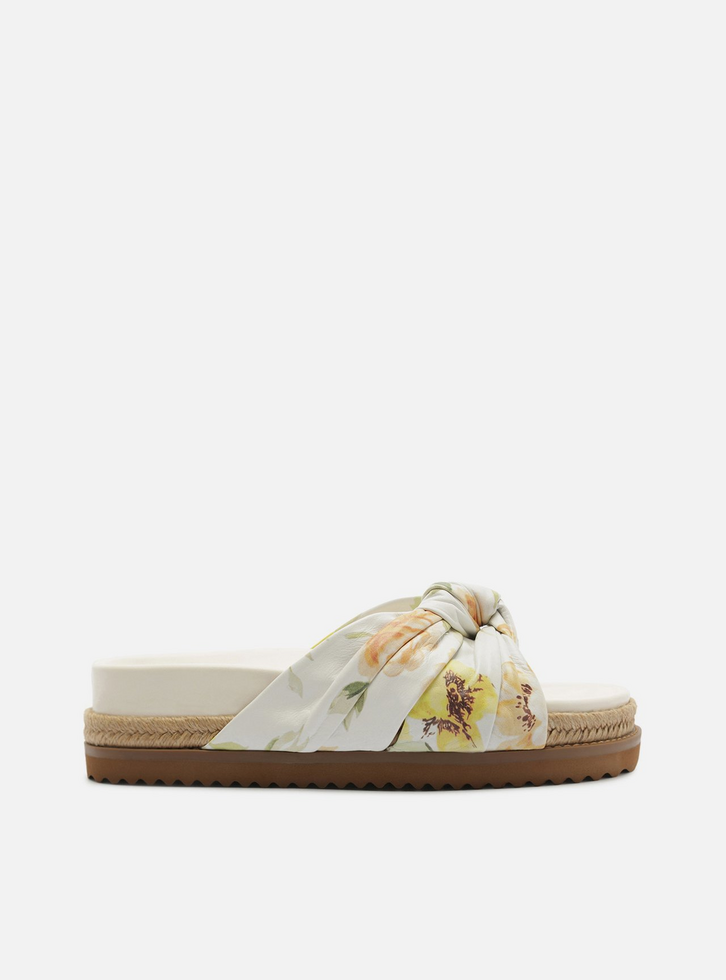 Sandália Papete Marrom Estampa Floral Couro Flatform Palha Nó