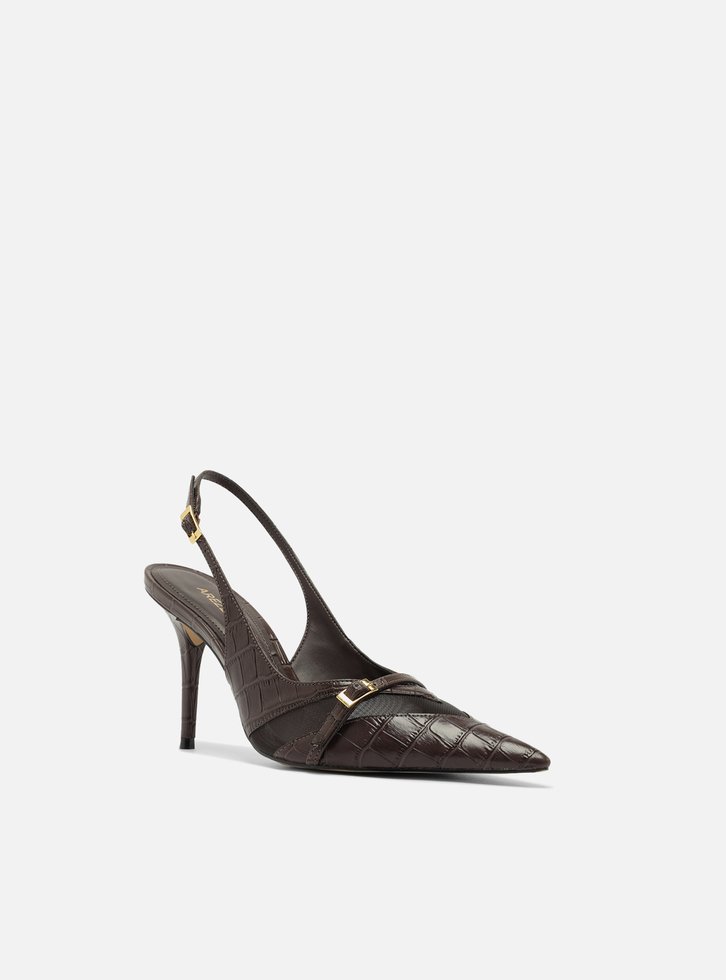 Scarpin Marrom Croco Salto Alto Slingback Tela