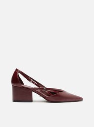 Scarpin Vermelho Couro Bloco Semi Aberto Fivelas