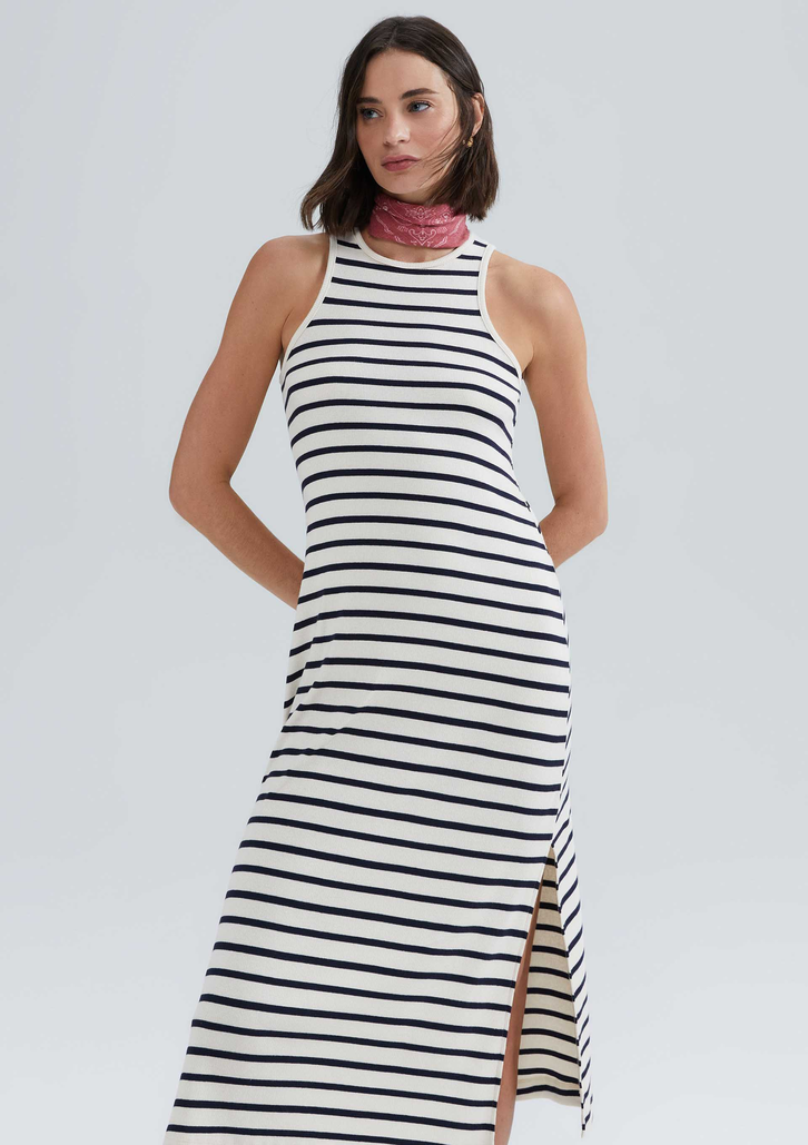 Vestido Azul Hering Midi Listrado Com Fenda