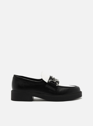 Mocassim Preto Couro Bridão Metálico Maxi Branco