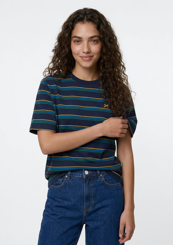 Camiseta Azul Hering Feminina Listrada Com Bordado Drop Brasil