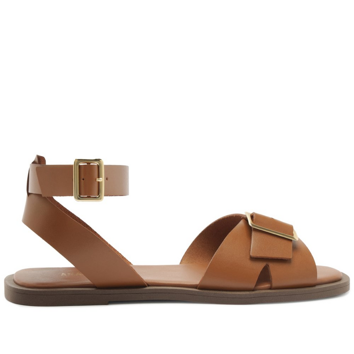 Sandália Rasteira Fivela Couro Marrom