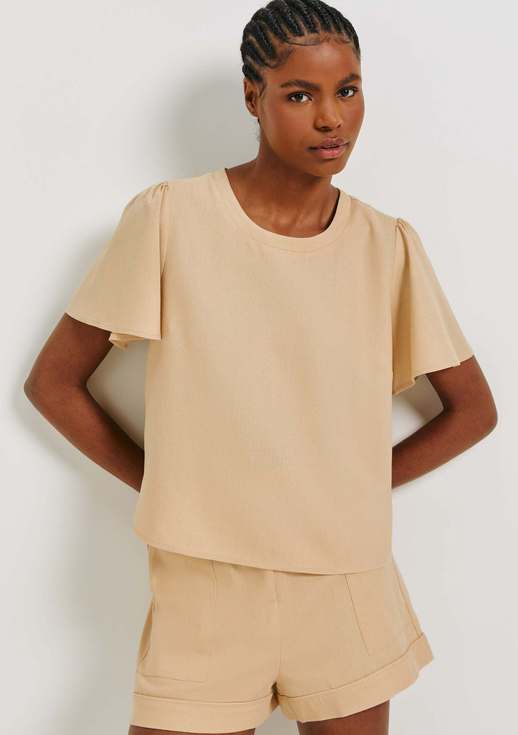 Blusa Bege Hering Manga Godê Com Linho