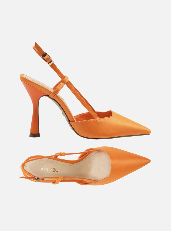 Scarpin Laranja Cetim Salto Alto Geométrico