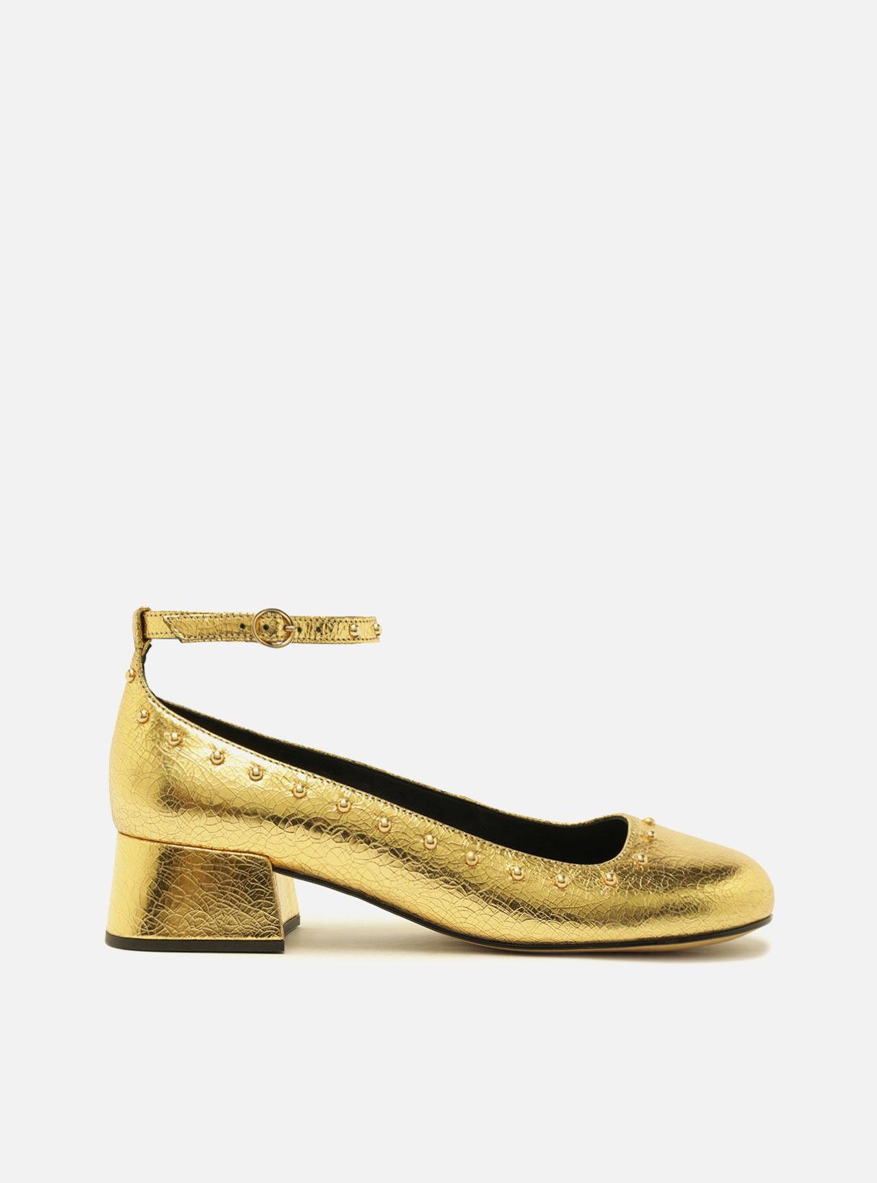 Sapato Dourado Arezzo Boneca Couro Salto Bloco Tachas | ZZ MALL