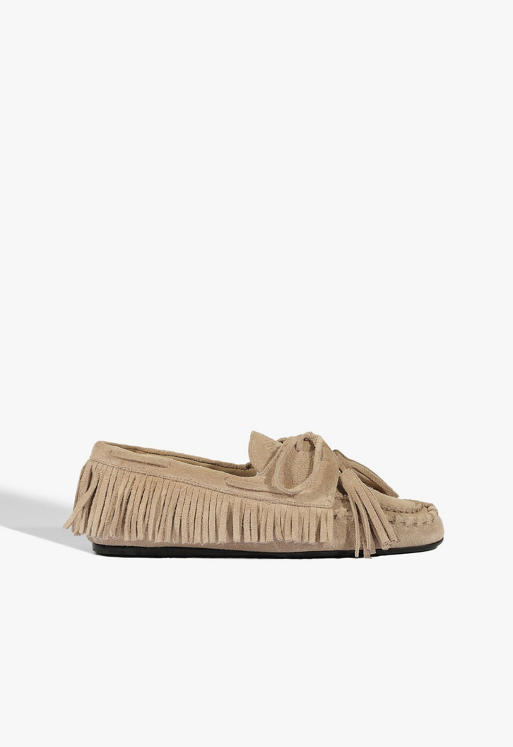 Mocassim Camurça Franjas Bege