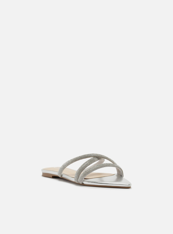 Rasteira Prata Flat Bico Folha Tiras Strass