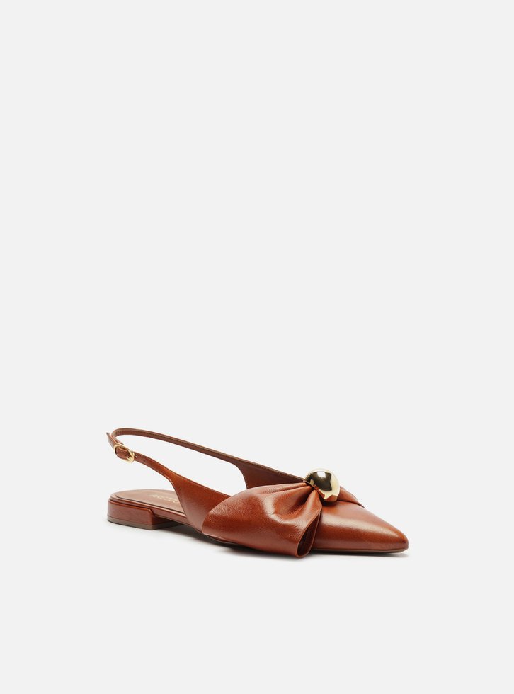Sapatilha Marrom Couro Slingback Laço Metal