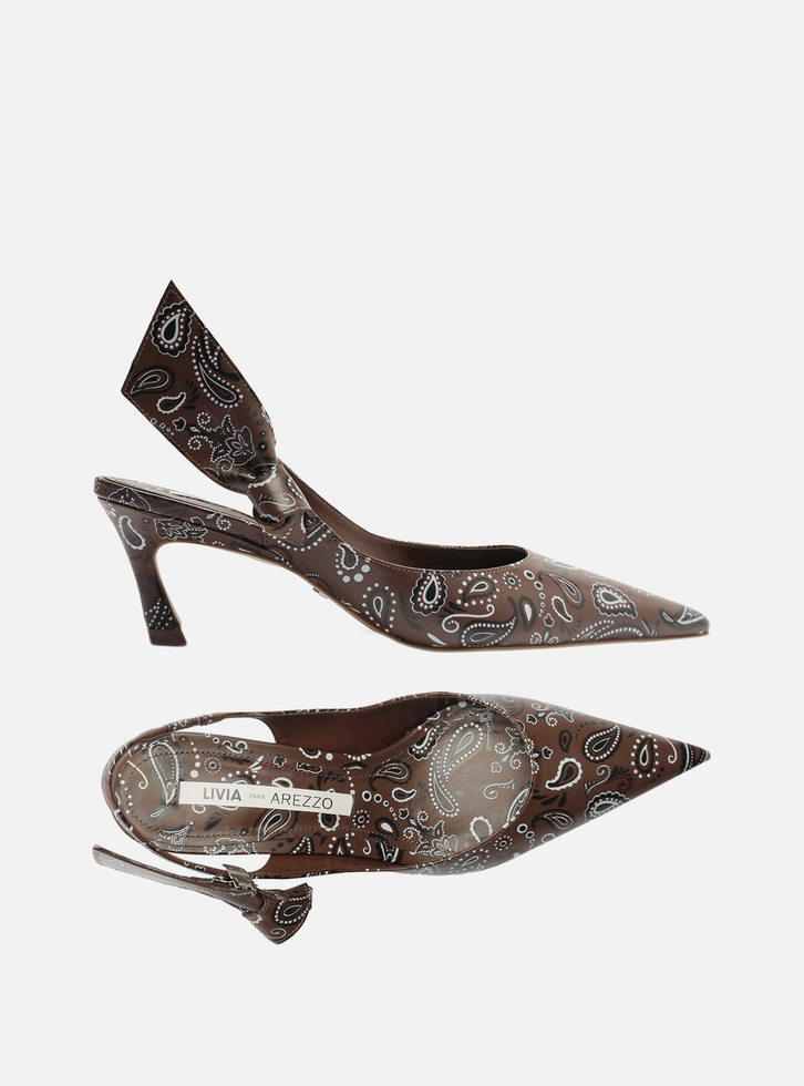 Scarpin Marrom Paisley Salto Baixo Slingback Livia