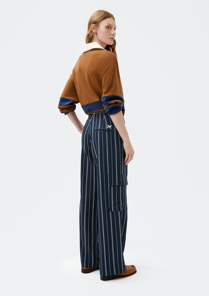 Calça Azul Hering Cargo Fio Tinto Com Linho