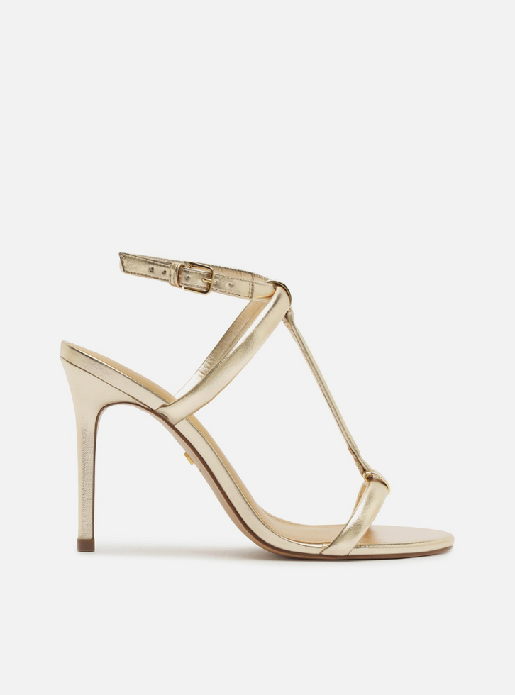 Sandália Dourada Salto Alto Fino Elos Metálicos