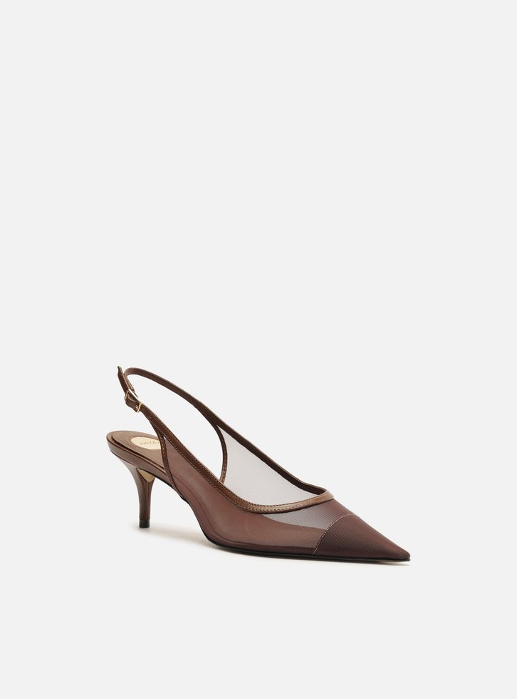 Scarpin Marrom Arezzo Tela Salto Kitten Slingback