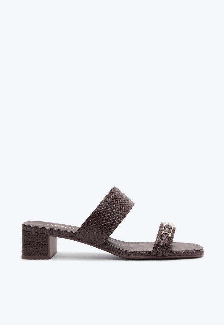 Tamanco Salto Bloco Detalhe Metal Marrom