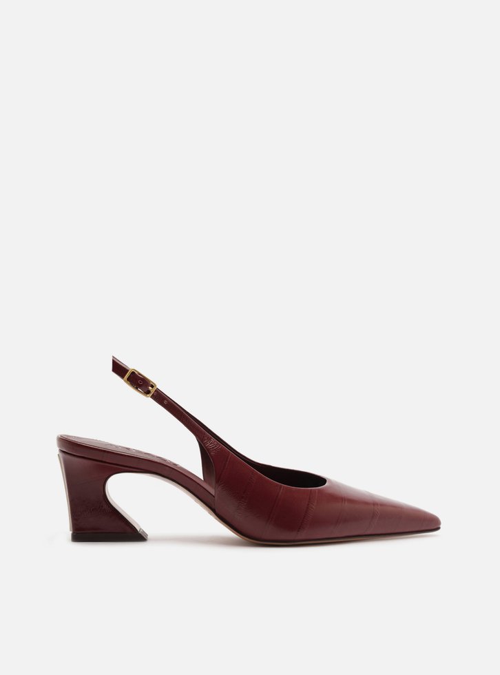 Scarpin Bordô Couro Salto Médio Geométrico Slingback