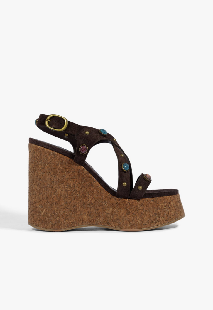 Sandália Anabela Couro Marrom