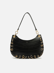 Bolsa Hobo Preta Couro Média Costuras Metais