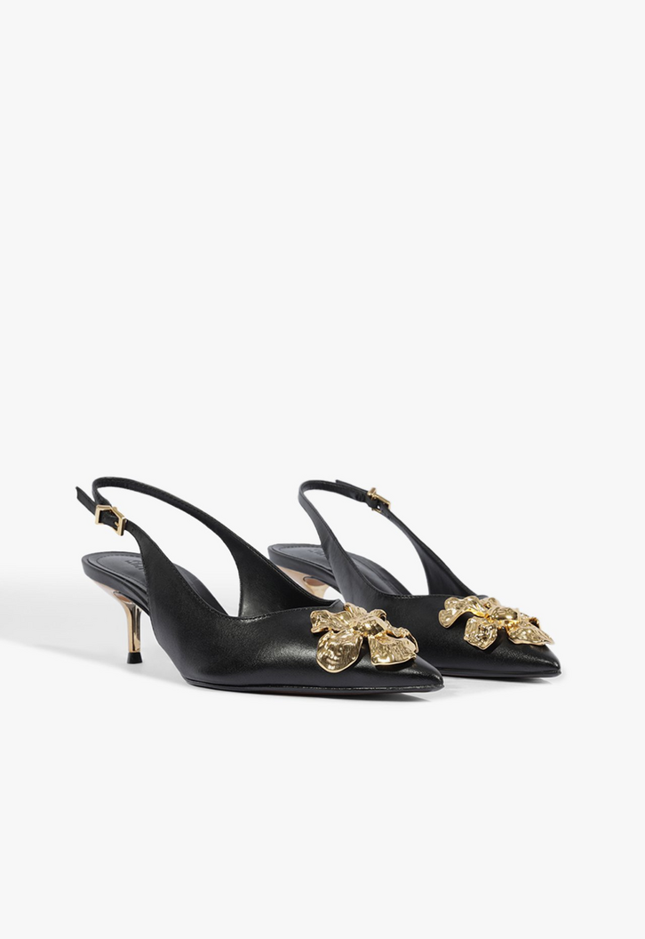 Scarpin Slingback Flora Salto Mid Couro Preto | ZZ MALL