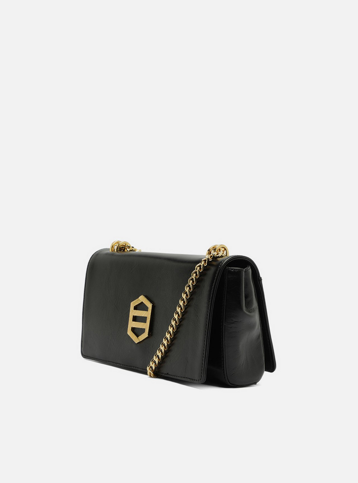 Bolsa Tiracolo Preta Couro Média Metal Dourado | ZZ MALL