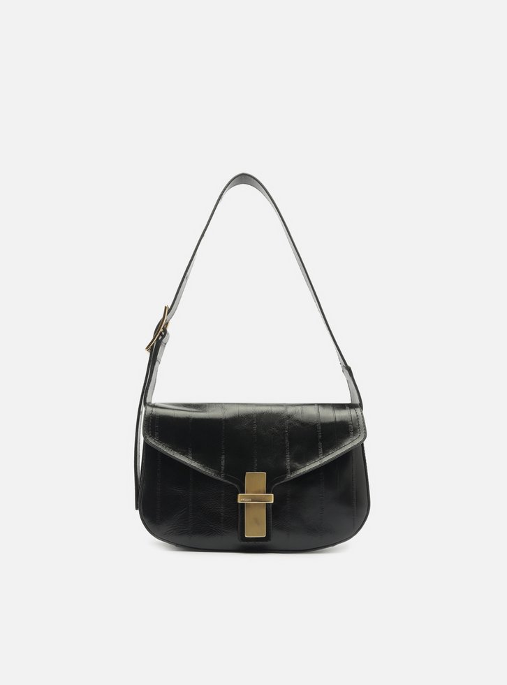 Bolsa Tiracolo Preta Couro Pequena Tampo Metal