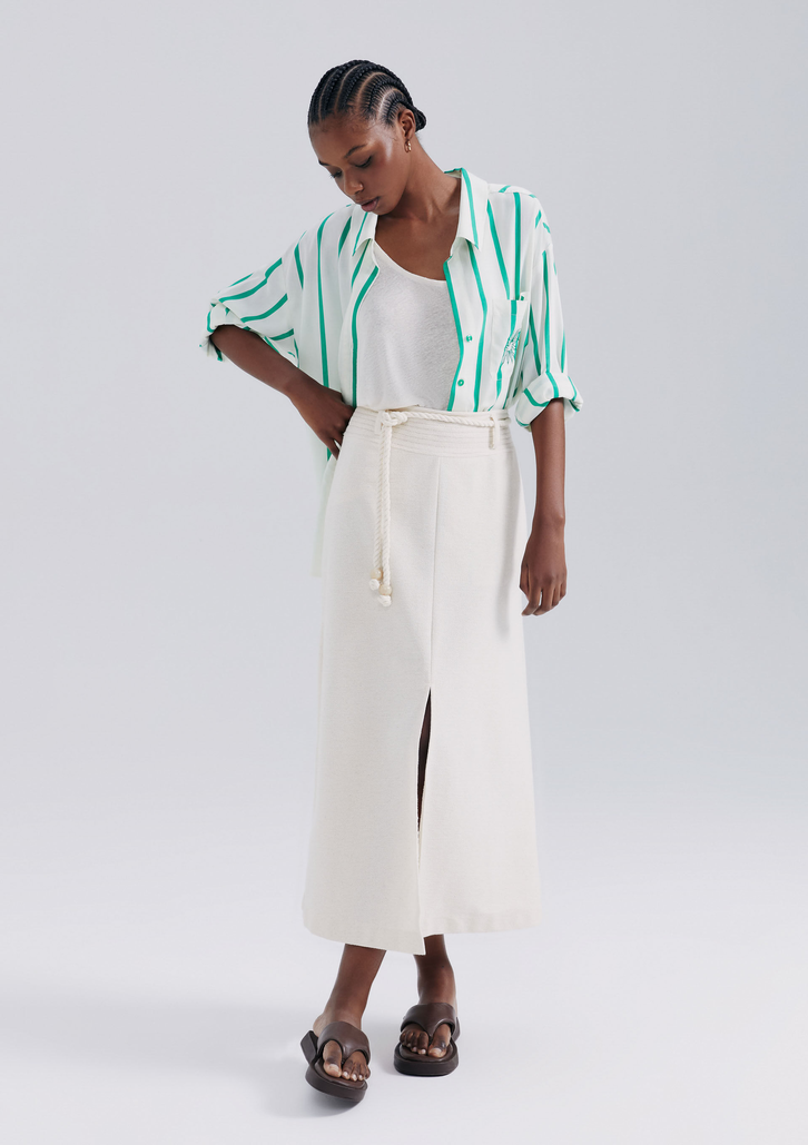 Saia Midi Off White Hering Texturizada Com Linho