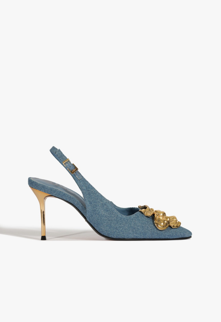 Scarpin Slingback Salto Flora Jeans Azul
