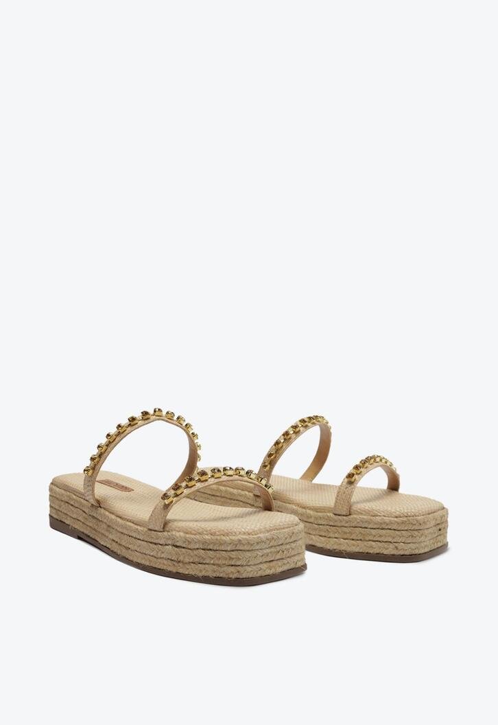 Sandália Flatform Dourada Tira Strass Palha