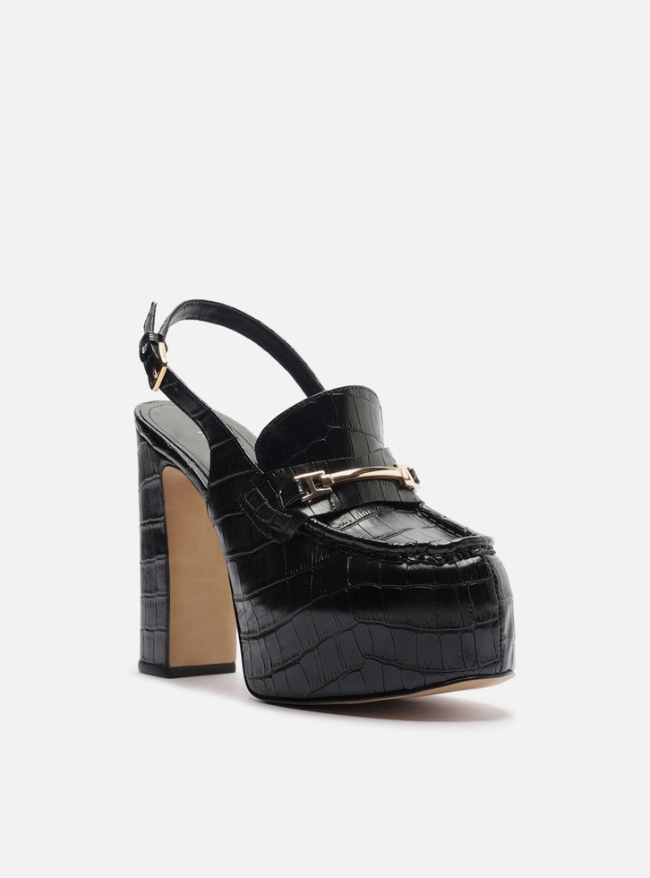 Loafer Preto Croco Salto Bloco Meia Pata