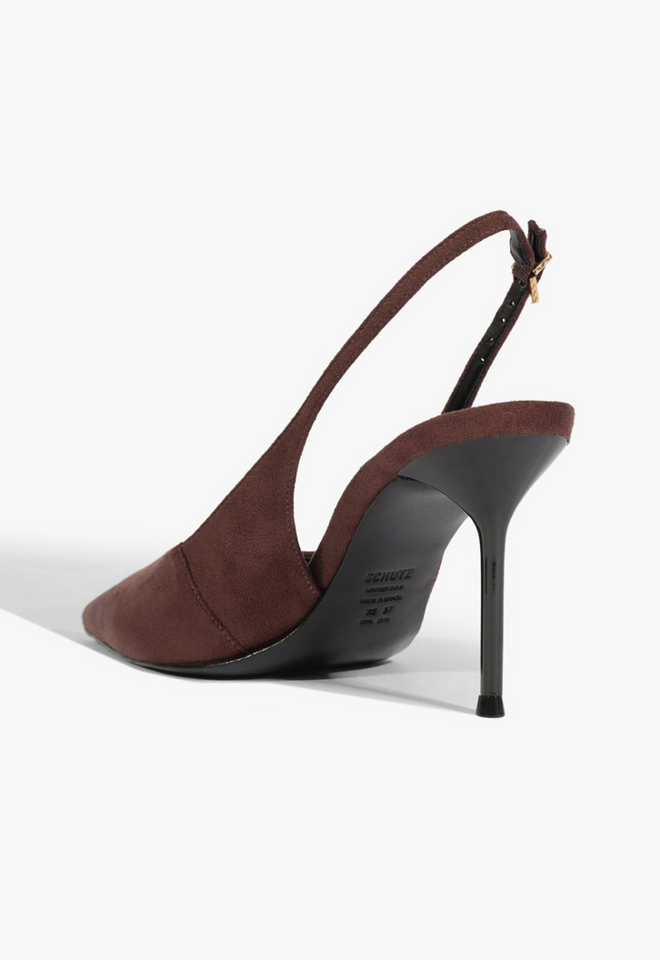 Slingback Salto Alto Fino Couro Marrom