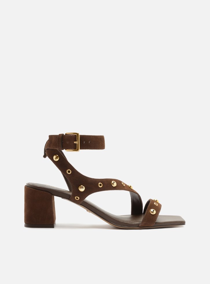 Sandália Marrom Camurça Salto Bloco Rebites