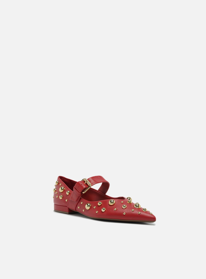 Sapatilha Boneca Vermelha Couro Maxi Tachas