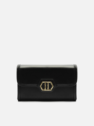 Bolsa Tiracolo Preta Couro Média Metal
