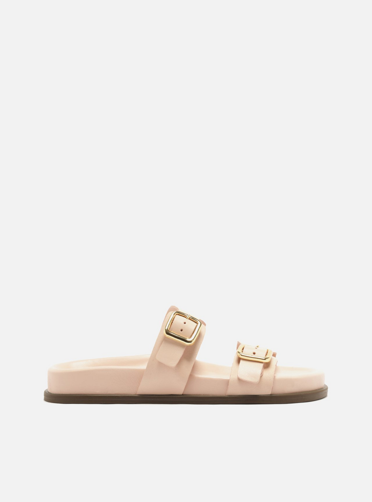 Sandália Papete Rosa Couro Flatform Fivelas Douradas