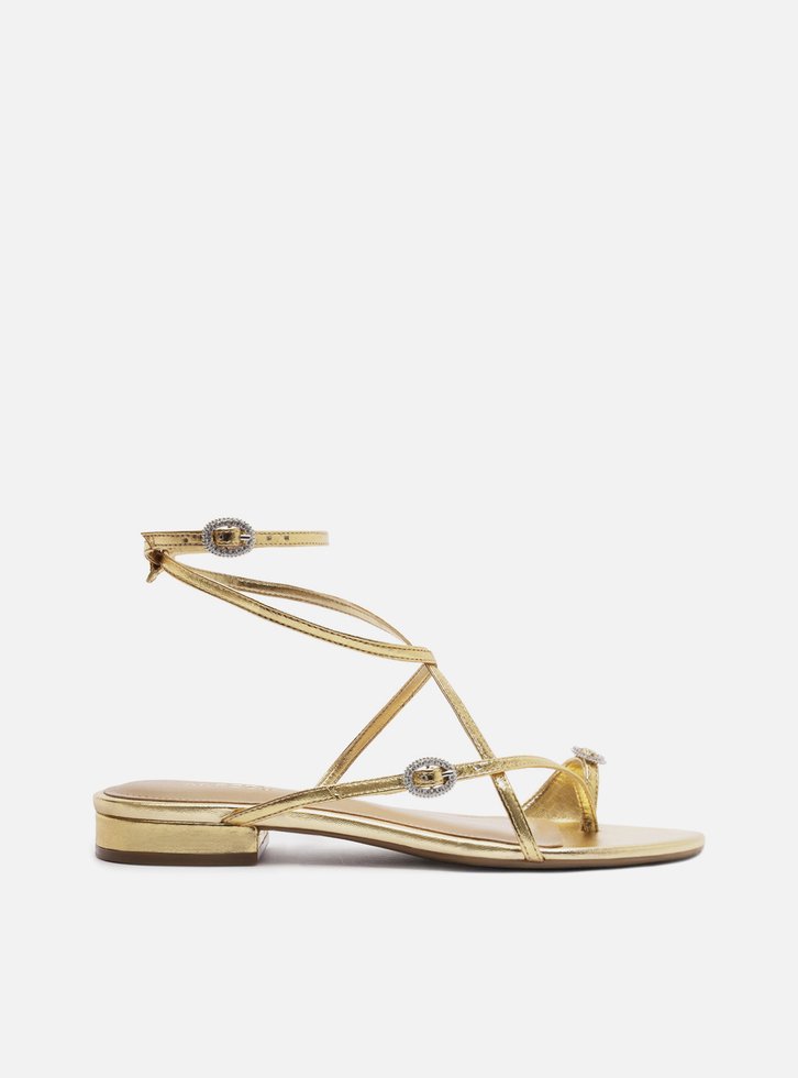 Sandália Rasteira Dourada Couro Fivelas Cristais