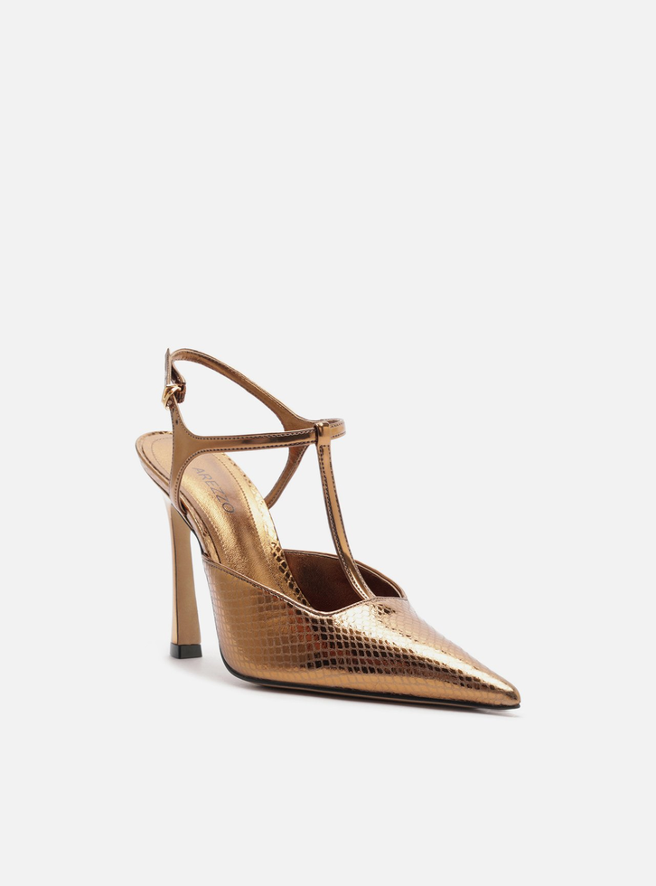 Scarpin Dourado Snake Salto Alto Aberto Telma