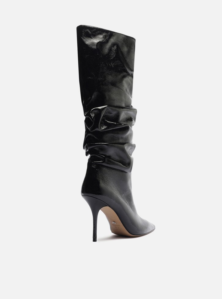 Bota Preta Couro Crinkle Cano Longo Salto Alto Slouch