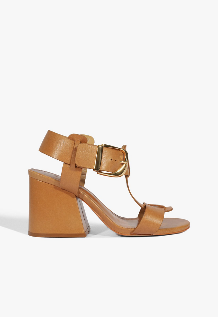 Sandália Salto Bloco Médio Couro Marrom Clara