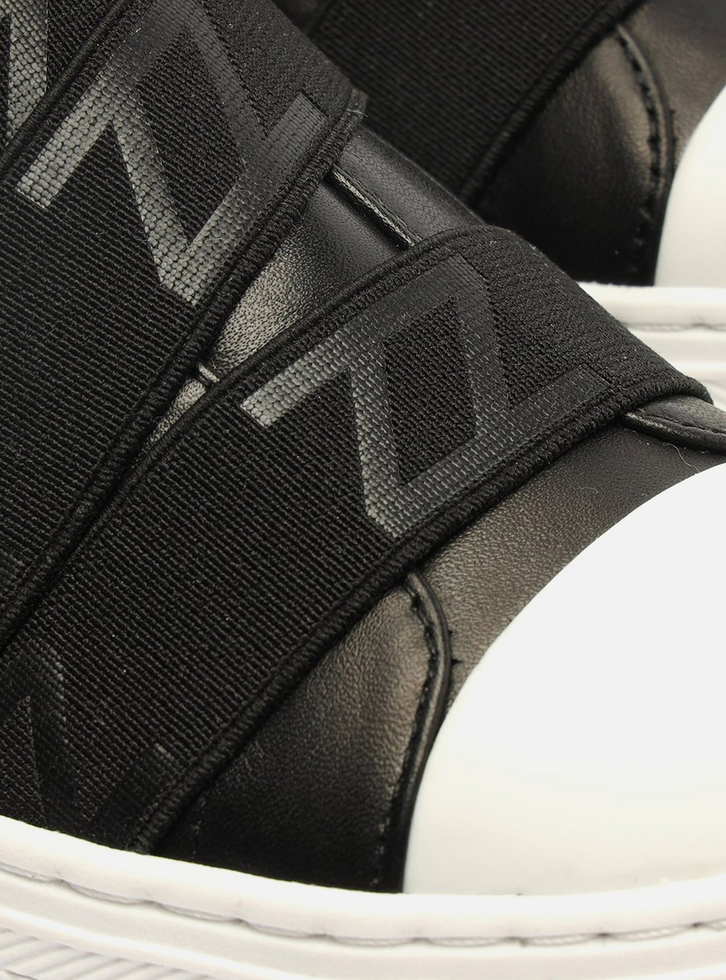 Slip On Preto Couro Flatform Elásticos